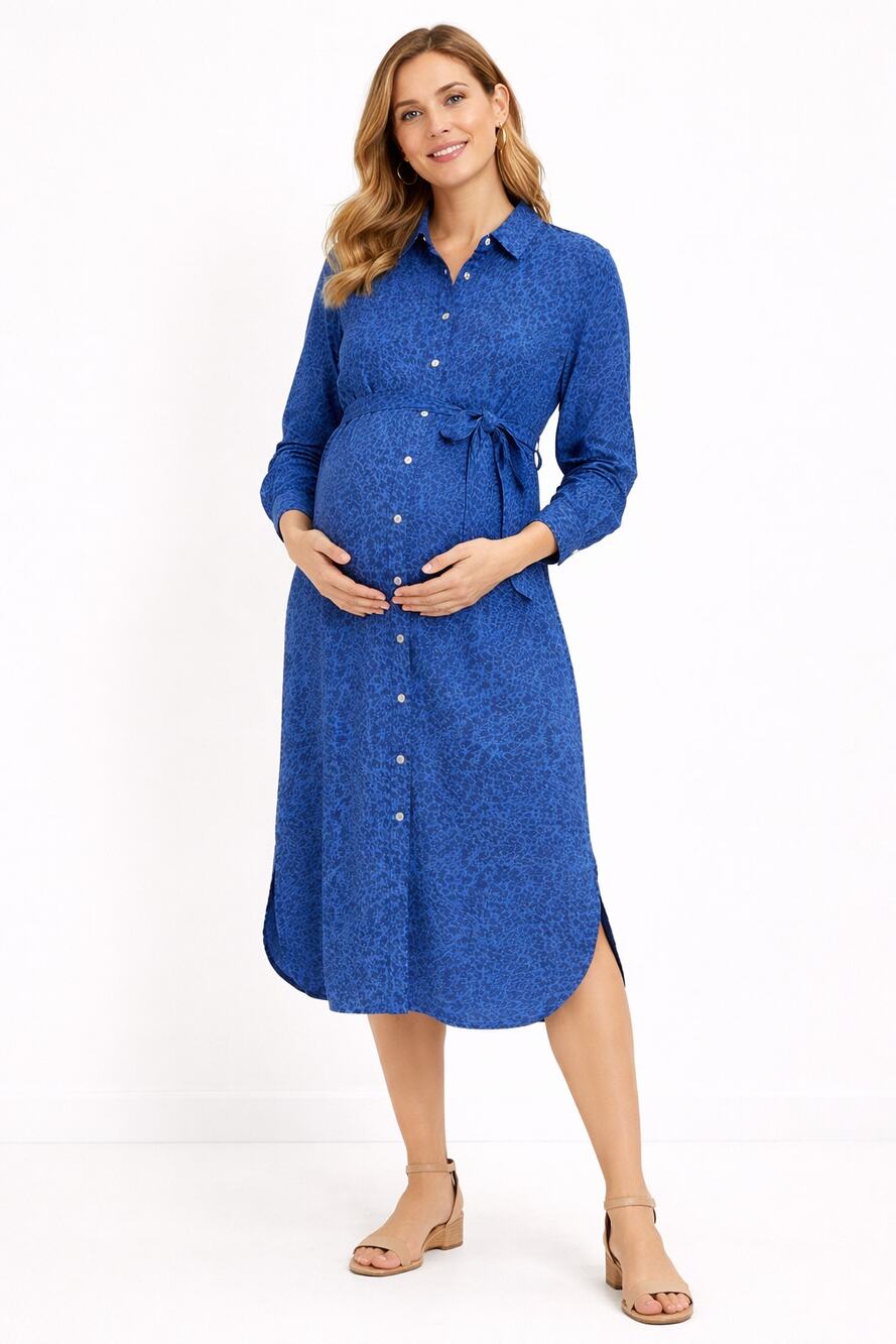 Hatch Kaia Long Sleeve Midi Shirt Dress Blue Animal Print Size 2 Med Maternity